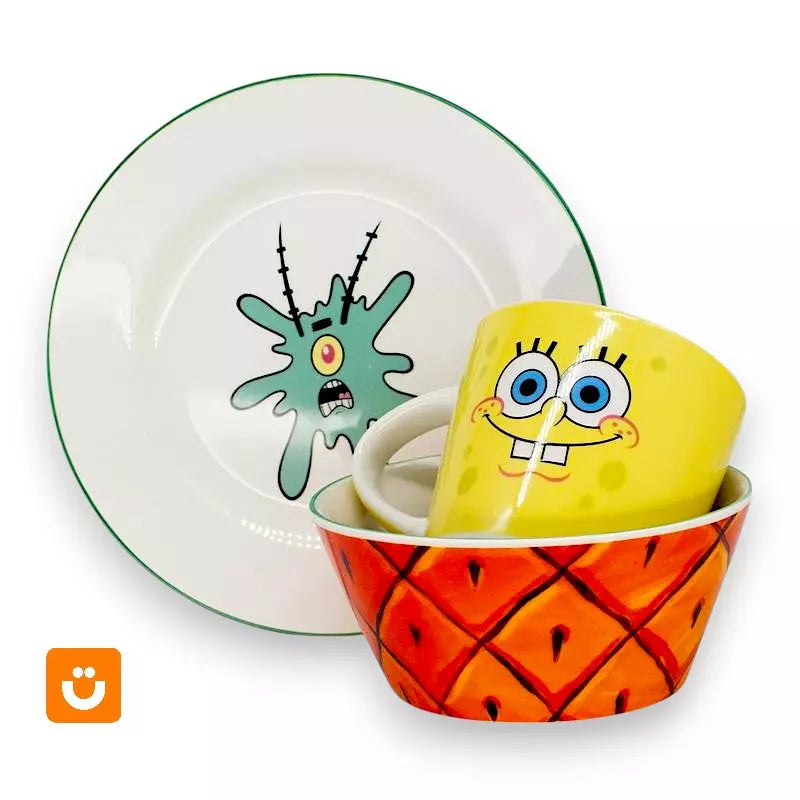 Kit Refeição Completo Bob Esponja Oficial™ — Caneca, Bowl e Prato em Cerâmica