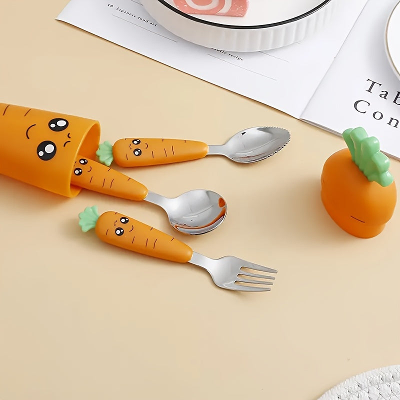 Kit Talheres Cenourinha Tioeasy™ — Colher e Garfo Inox com Cabo Divertido