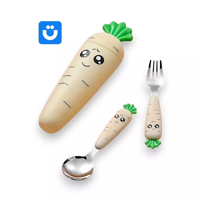 Kit Talheres Cenourinha Tioeasy™ — Colher e Garfo Inox com Cabo Divertido