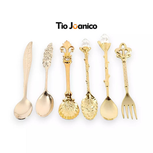 Kit Talheres Tioeasy™ Estilo Realeza — 6 Peças Douradas/Prateadas para Sobremesas e Petiscos