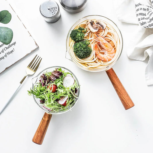 Panela de Vidro Tioeasy™ 400ml com Cabo de Madeira — Serve como Bowl Decorativo e Panela para Leite, Molhos e Caldas