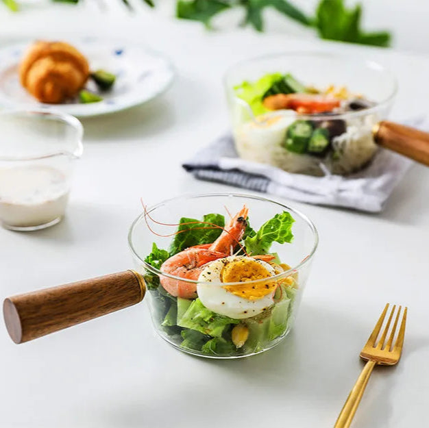 Panela de Vidro Tioeasy™ 400ml com Cabo de Madeira — Serve como Bowl Decorativo e Panela para Leite, Molhos e Caldas
