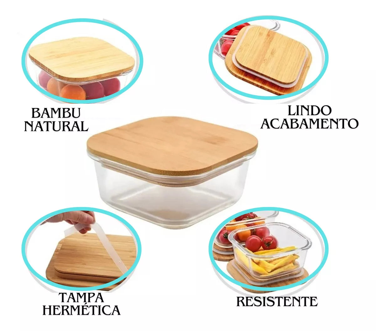 Potes Herméticos de Vidro Tioeasy™ - Tampa de Bambu - Kit 3 Potes - Tio Juanico