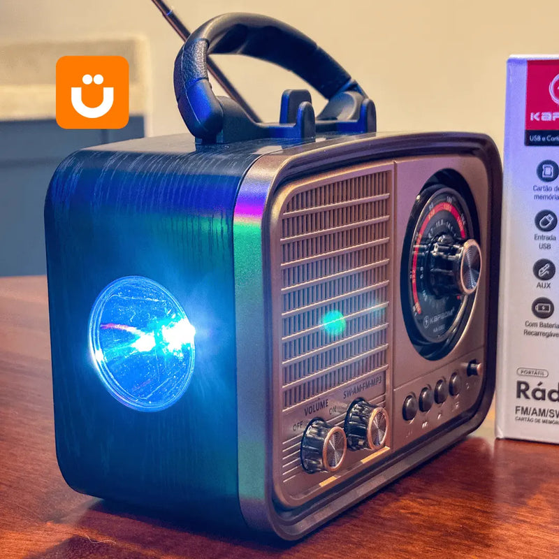 Rádio Retrô AM/FM com Bluetooth, Lanterna e Suporte para celular RetroVibe Kapbom™