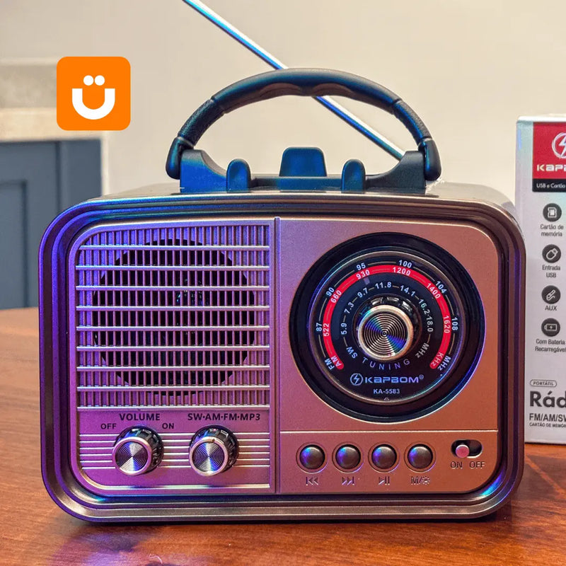 Rádio Retrô AM/FM com Bluetooth, Lanterna e Suporte para celular RetroVibe Kapbom™
