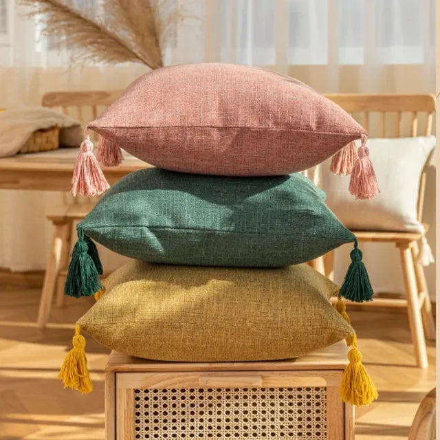 Capa de Almofada de Linho Tioeasy™ 45x45cm com Pompom Decorativo para Sala e Quarto