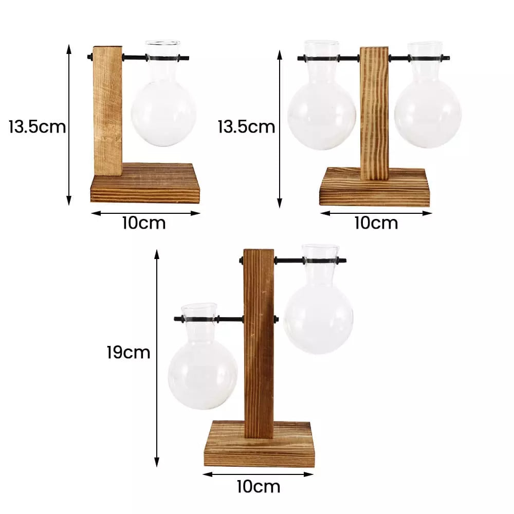 Suporte para Vasos Globo Tioeasy™ — Madeira Natural e Vidro, Decoração de Plantas 13,5cm e 19cm