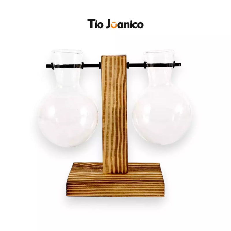 Suporte para Vasos Globo Tioeasy™ — Madeira Natural e Vidro, Decoração de Plantas 13,5cm e 19cm