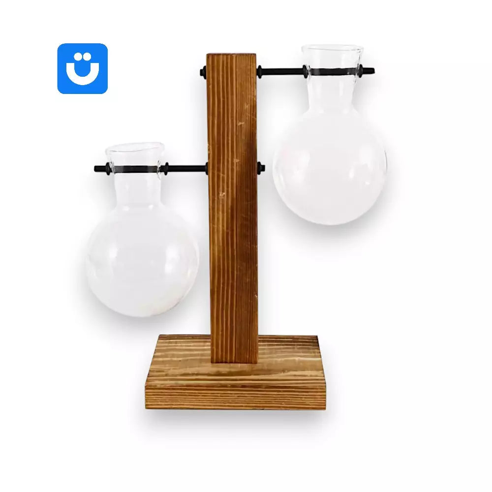 Suporte para Vasos Globo Tioeasy™ — Madeira Natural e Vidro, Decoração de Plantas 13,5cm e 19cm