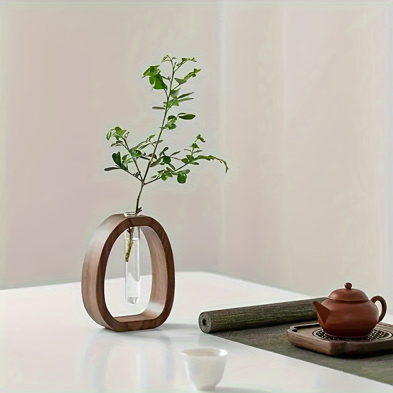 1pc Elegant Walnut Wood Vase with Glass Tube – Modern Minimalist Design for Home, Hotel, and Apartment Decor | Perfect Gift Idea to Enhance Aesthetic Appeal, Decorative Vase | Stylish Planter | Glass Tube Design, Vases Home