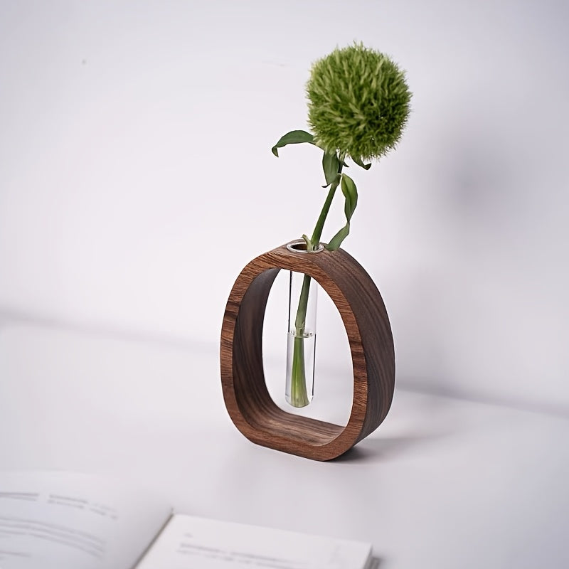 1pc Elegant Walnut Wood Vase with Glass Tube – Modern Minimalist Design for Home, Hotel, and Apartment Decor | Perfect Gift Idea to Enhance Aesthetic Appeal, Decorative Vase | Stylish Planter | Glass Tube Design, Vases Home