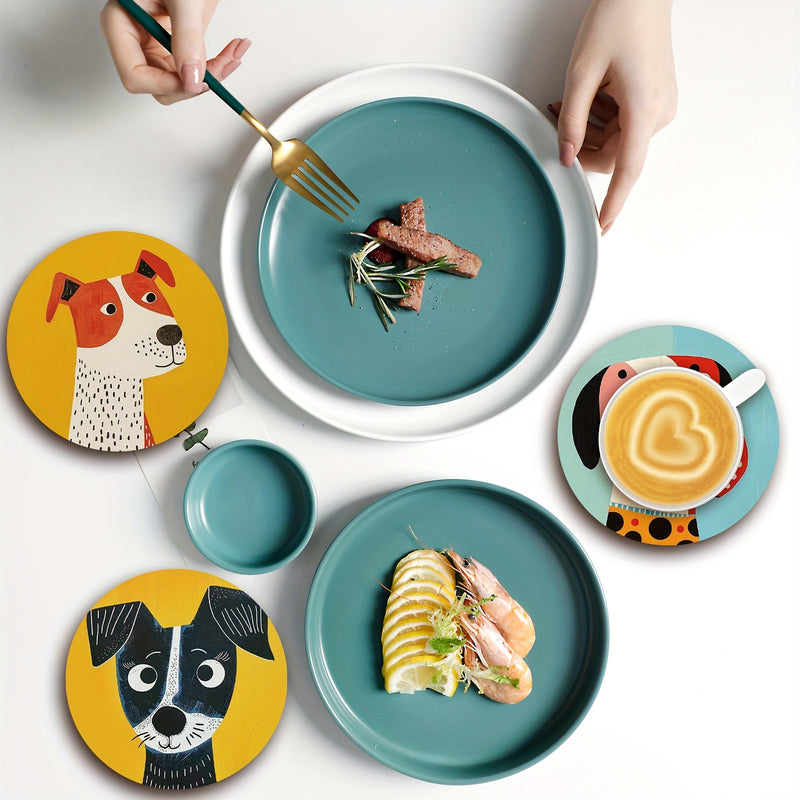 6pcs Charming Dog Illustration Wooden Coasters - 9.98cm Round, Colorful Coffee & Tea Cup Mats, Ideal for Home & Restaurant Decor, Perfect Holiday Gift, Hand Washable, Dog Decor