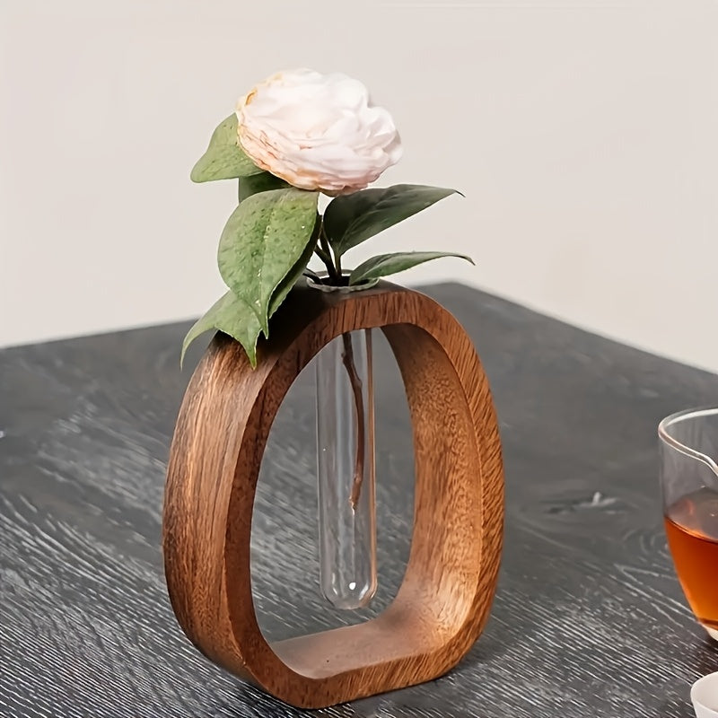 1pc Elegant Walnut Wood Vase with Glass Tube – Modern Minimalist Design for Home, Hotel, and Apartment Decor | Perfect Gift Idea to Enhance Aesthetic Appeal, Decorative Vase | Stylish Planter | Glass Tube Design, Vases Home