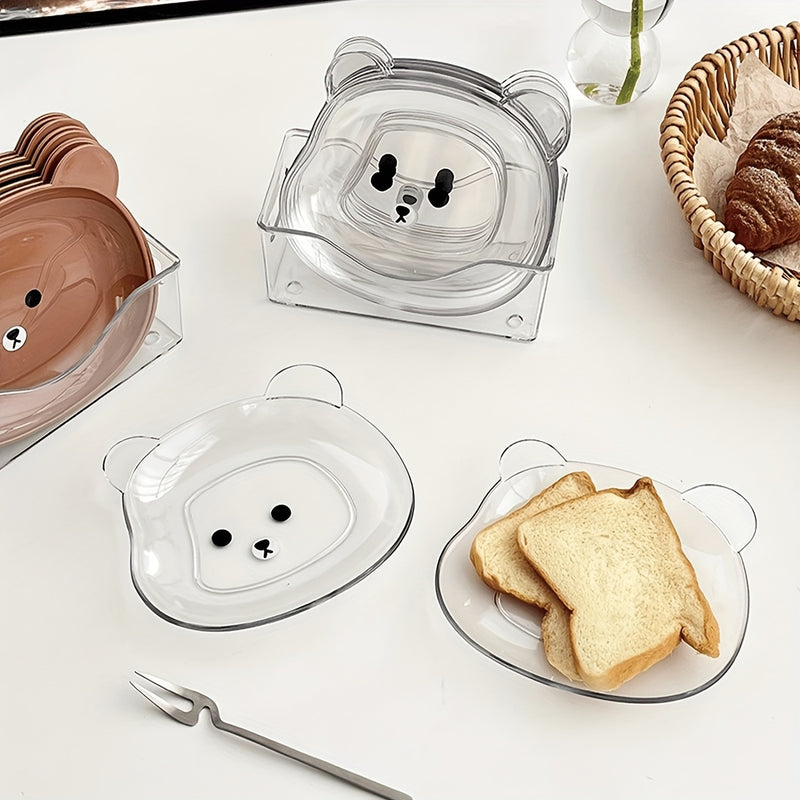 2pcs Cute Bear Cartoon PET Plates - Perfect for Breakfast, Fruits, Snacks & Bones - Durable Kitchen & Dining Accessories