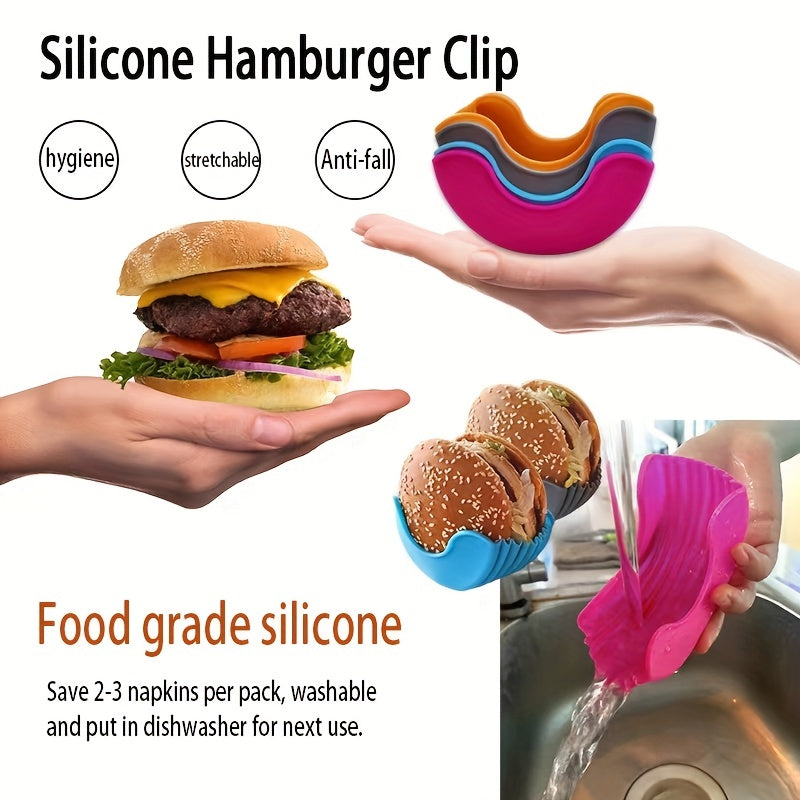 4pcs Food Clip Food Tray Silicone Hamburger Clip Portable No-contact Hamburger Fixed Box Washable Retractable Hamburger Tray