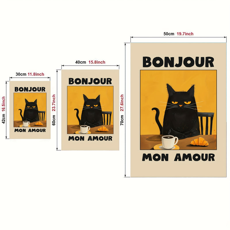 1pc Black Cat Breakfast Art Poster - "Bonjour Mon Amour" Retro Style Wall Decor, Unframed Canvas Print, Suitable for Kitchen, Restaurant or Bedroom, French Theme Cat Pattern, Warm Color, Bedroom Decoration | Contemporary Art