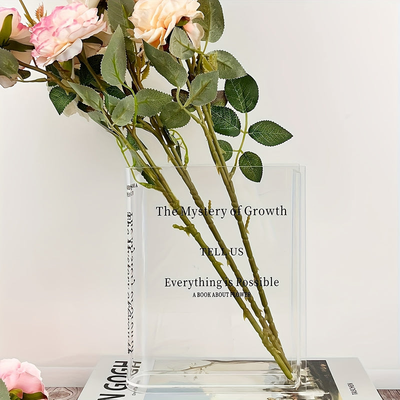 1pc Vintage Style Acrylic Book-Shaped Vase, Transparent Square Flower Vase for Bookshelf Decor, Aesthetic Room Decoration with No Battery Required for Home/Bedroom/Office