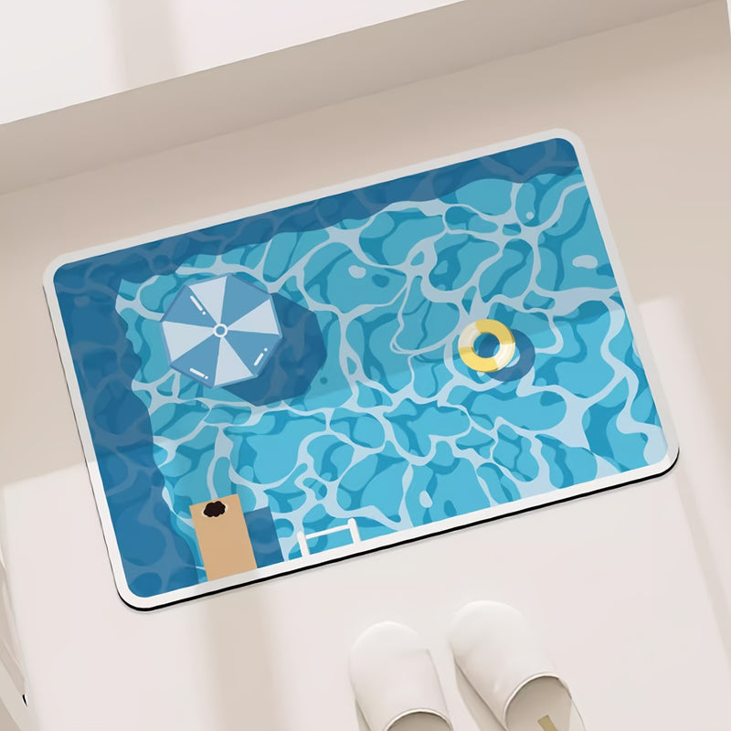 Non-slip Rubber Bottom Bath Mat, Quick-drying Soft Polyester Bath Mat, Hand Wash Only, Cartoon Swimming Pool Print, Home and Bathroom Decoration, 2200g/sqm