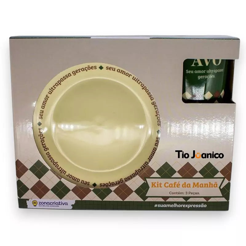 Kit Refeição Completo Avô Xadrez Tioeasy™ — Caneca, Bowl e Prato em Cerâmica
