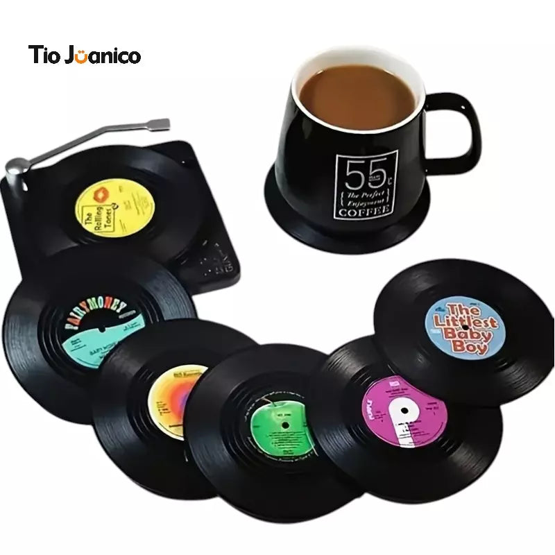 Jogo com 6 Descansos de Copo em Forma de Disco de Vinil Tioeasy™ — Antiderrapantes e Isolantes Térmicos